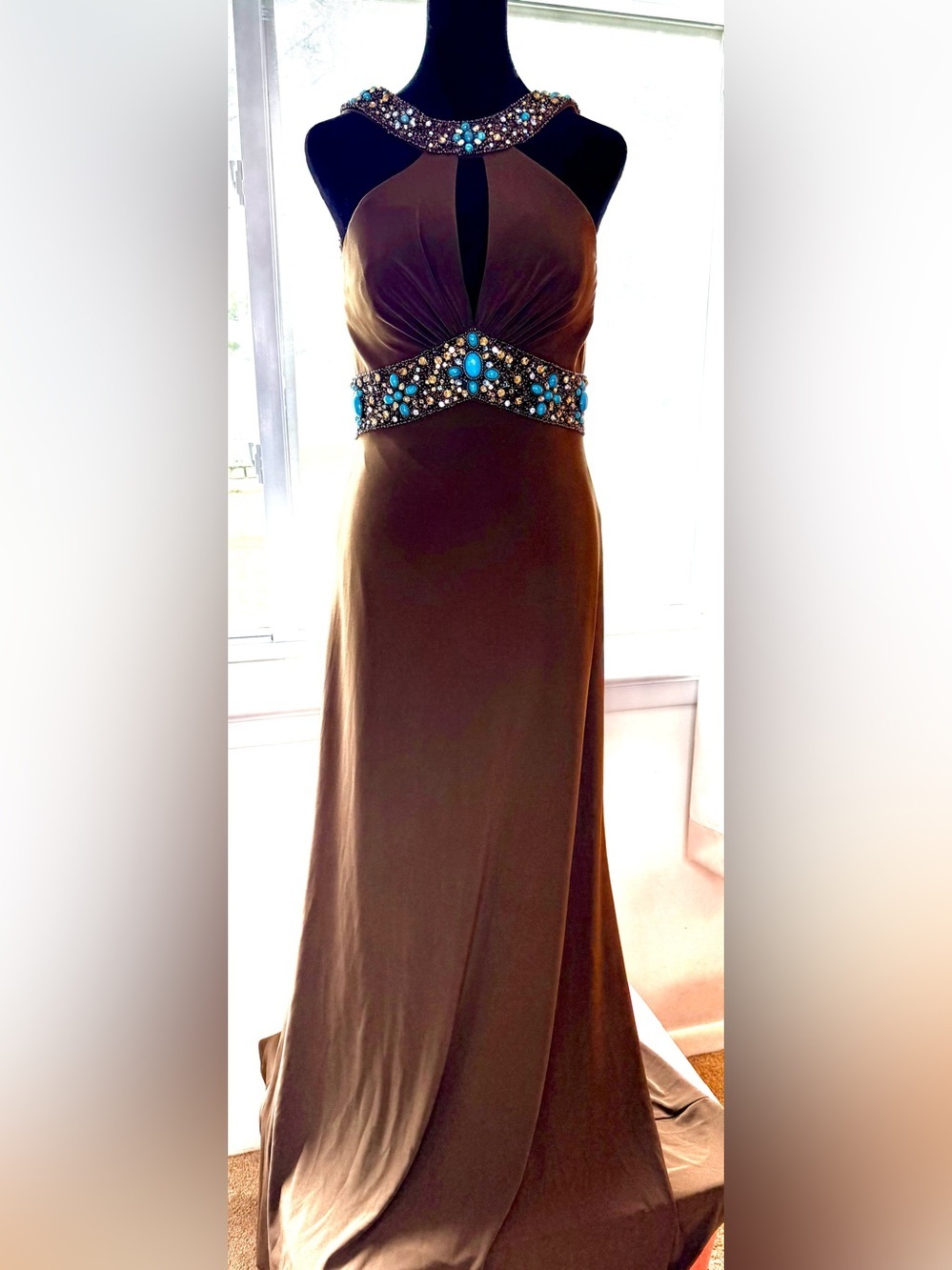Vintage Y2K 2000’s Tony Bowls evening maxi dress brown turquoise beaded halter 8